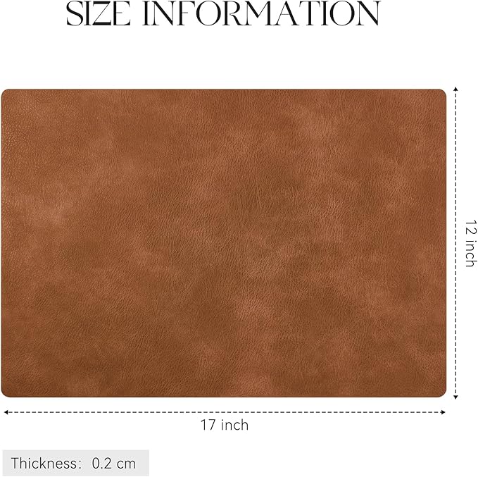 MOSAYT Vinyl Placemats Set of 12-12 X 17 Inch - Faux Leather 100% Waterproof Oil-Proof Wipeable PU Place Mats, Heat Resistant Reversible Table Mats for Kitchen, Dining, Outdoor (Reddish Brown)