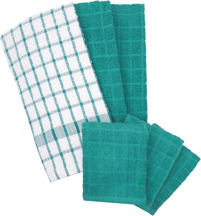 Ritz Premium Kitchen Towel and Dish Cloth Value Set: Highly Absorbent, Super Soft, Long-Lasting, 100% Cotton Checked and Solid Hand Towels, Tea Towels, Bar Towels - 6 Pack, Teal
