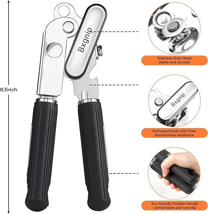 Can Opener Manual with Magnet,Soft Grip Rubber Handle Sharp Blade Smooth Edge,Effortless knob,Heavy Duty Can Opener with Multifunctional Bottle Opener