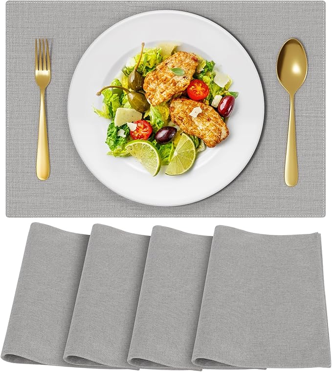 Cloth Placemats, Set of 4 Heat-Resistant Cotton Linen Blend Double Layered Machine Washable Place Mats, Wrinkle Free Thick Fabric Dining Table Mats for Indoors & Outdoors (Light Grey, 4)