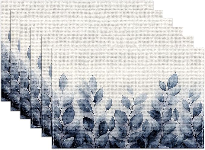 Spring Blue Leaves Placemats Set of 6,12x18 Inch Eucalyptus Leaves Linen Place Mat Washable Stain Resistant Table Mats for Summer Seasonal Farmhouse Kitchen Party Home Decor