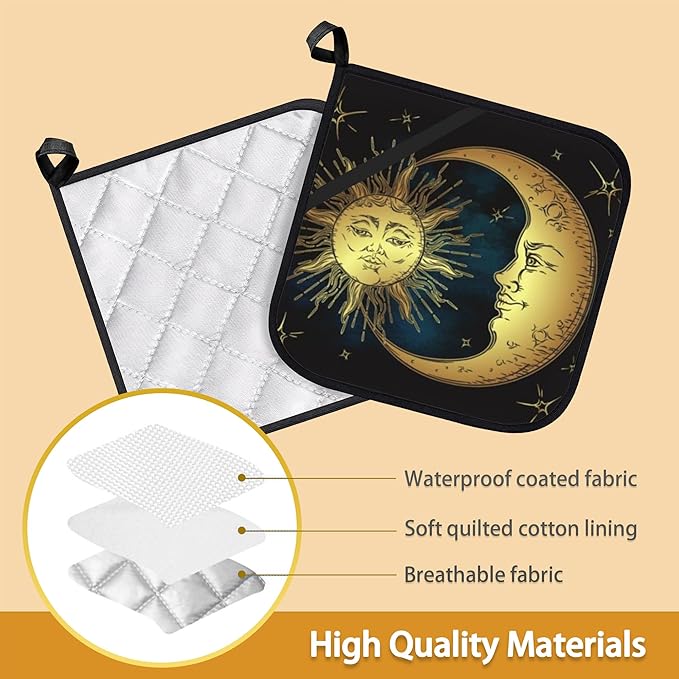 Celestial Moon Golden Sun Boho Chic Stars Pot Holder Set of 2,Heat Resistant Potholders Oven Hot Pads for Kitchen Cooking Baking BBQ