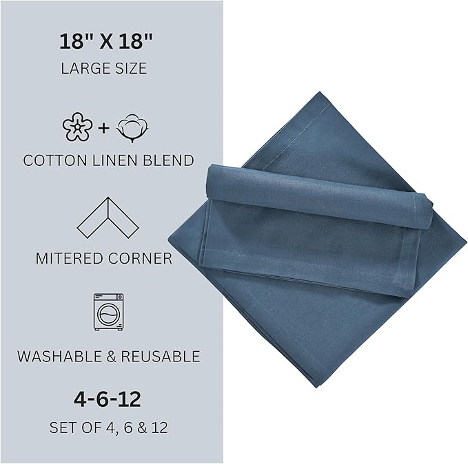 FINGERCRAFT Dinner Cloth Napkins, Cotton Linen Blend Mitered Corner Napkins Cloth 4 Pack Natural Premium Quality for Every Day Use, Parties, Easter, Thanksgiving, Weddings, 18x18 inch Stellar Blue