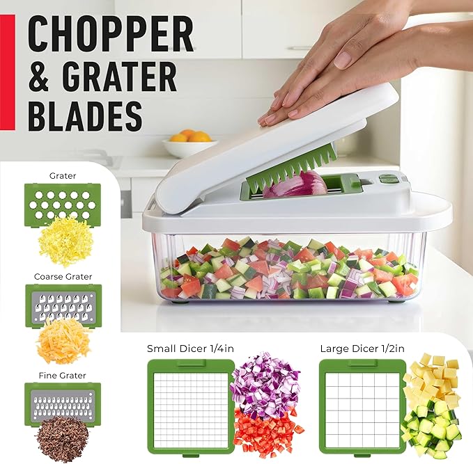 Mueller Pro-Series 10-in-1, 8 Blade Vegetable Chopper, Onion Mincer, Cutter, Dicer, Egg Slicer with Container, French Fry Cutter Potato Slicer, Home Essentials, Salad Chopper White Sand/Green