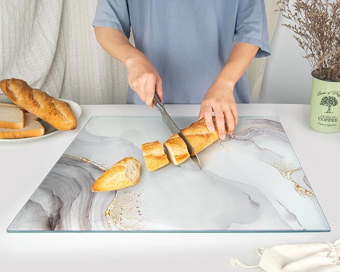 Kitchenville Glass Cutting Board 20”x16”: Tempered Glass Kitchen Counter Protector - Durable- Scratch-Resistant, Heat-Proof - Design 7 - White & Gold