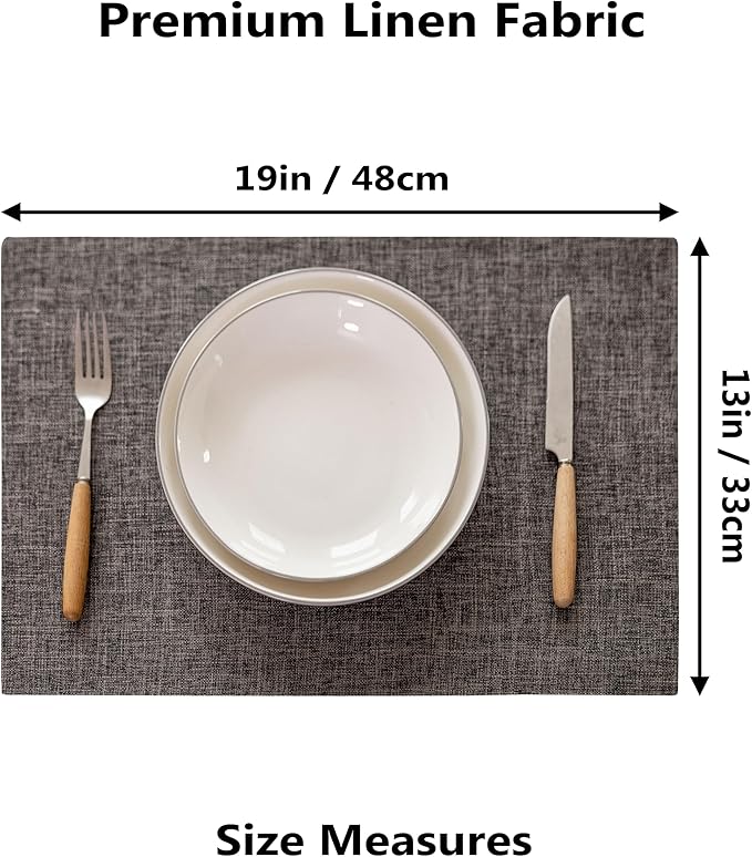 Demetex Grey Linen Placemats Set of 8 Stain Resistant Fabric Place Mats Classic Plate Mats for Kitchen Dining Table Decor, 13x19 inch, Dark Grey