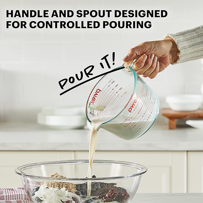 Pyrex 4-Cup Glass Measuring Cup For Baking and Cooking, Dishwasher, Freezer, Microwave, and Preheated Oven Safe, Essential Kitchen Tools (Pack of 2)