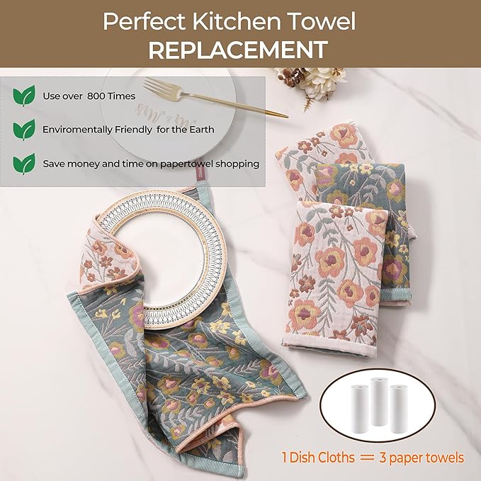 Kitchen Dish Towels for Drying 100% Cotton Set of 4, Ultra Absorbent Quick Drying Thick Reusable Cleaning Decorative Tea Towels with Hanging Loop,Reversible Boho Pretty Hand Towels,Floral