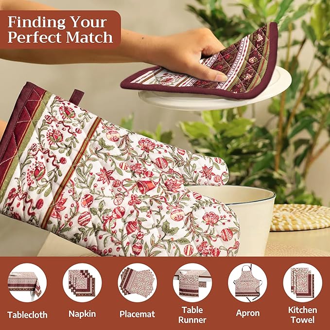 Maison d' Hermine Pot Holders Set 100% Cotton Heat Resistant Potholders 8" x 8" Hot Pads with Loop for Thanksgiving Christmas Decorations Baking Handling Hot Pans (Pack of 2, Reveillon Au Jardin)