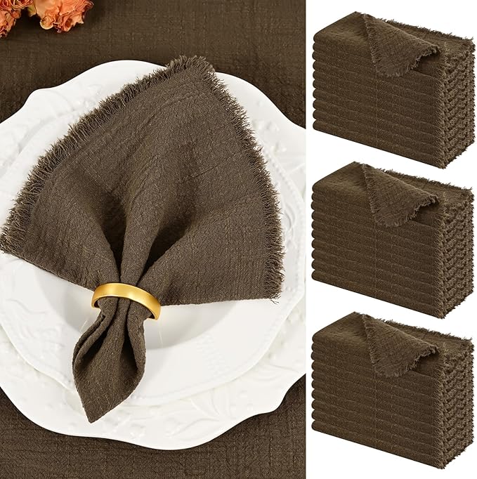 Showgeous 30 Pack Brown Cloth Napkins with Fringe 16x16 inch 100% Cotton Brown Napkins Handmade Dinner Napkins Bulk Washable Soft Rustic Table Napkins for Wedding Parties Bridal Baby Shower