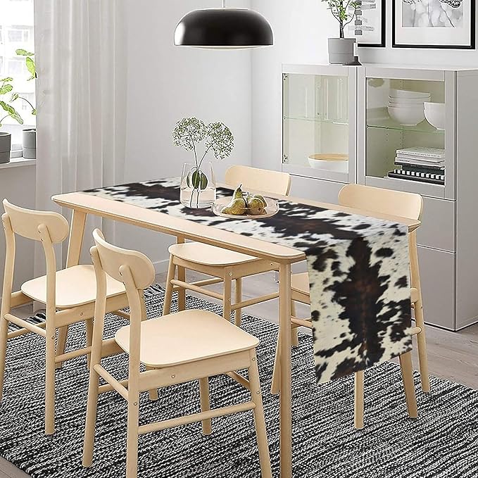 Cow Print Table Runner Country Farmhouse Cottage Brown Cowhide Print Art Printed Runner for Home Kitchen Dining Table Living Room Decor Fabric 1 Panel W13xL90in