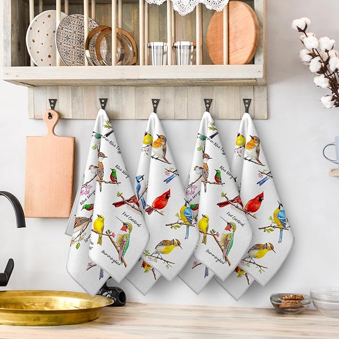 Birds on Branch Kitchen Towels Decorative Set of 4, Absorbent Cardinal Hummingbird Dish Towels for Cooking Baking, Bird Gifts for Bird Lovers Women, Hand & Tea Towel for Kitchen Bar Christmas Decor