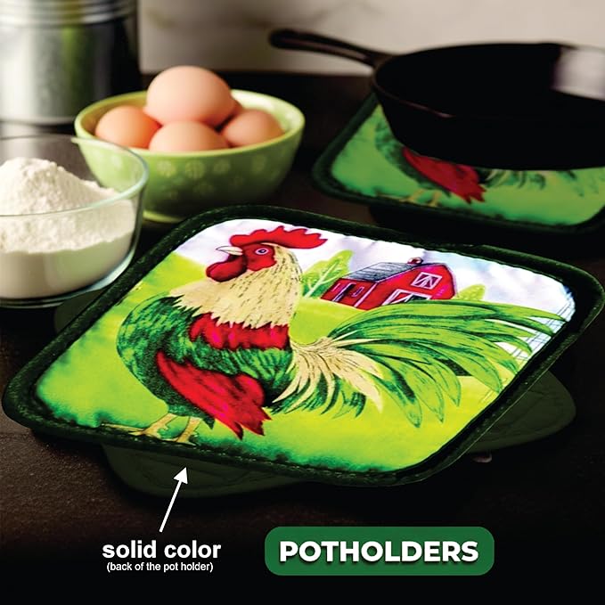 Lobyn Value Packs: 5-Piece Country Kitchen Towel Set – Proud Rooster & Red Barn Motif, 2 Lightweight Terry Cloth Dish Towels (25 X 15) Quilted Oven Mitt (11 X 7) & 2 Potholders (6.5 X 6.5)