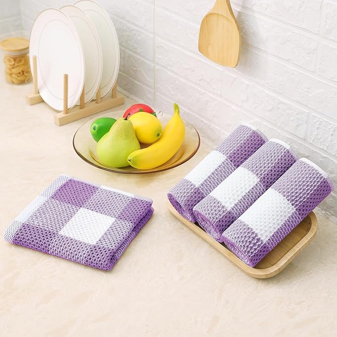 Homaxy Kitchen Towels and Dishcloths Set, 12 x 12 and 13 x 28 Inches, Set of 8 Bulk Cotton Waffle Weave Check Plaid Kitchen Towels, Super Soft and Absorbent Dish Towel, White & Purple