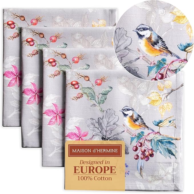 Maison d' Hermine Cloth Napkins Set of 4 100% Cotton for Thanksgiving Christmas Decorations Everyday Reusable Square Fall Napkins Cloth Washable Dinner Party (Equinoxe - Grey, 20"x20")