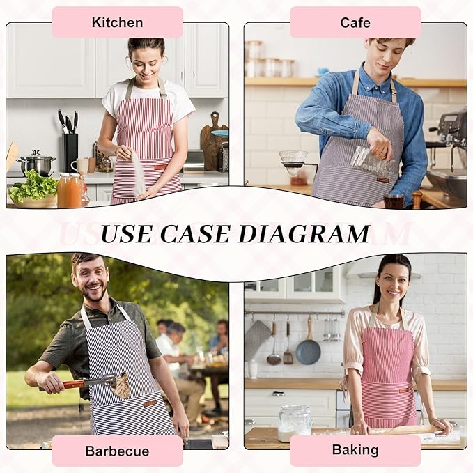 2Pack Adjustable Kitchen Apron for Women Men with 2 Pockets，Cotton-Polyester Blend Bib Aprons for Cooking,Baking