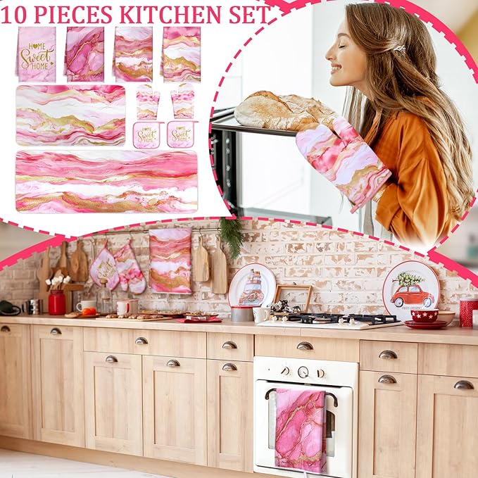 Fourluoo 10 Pcs Kitchen Dish Towels Rugs Oven Mitts and Pot Holders Kit Farmhouse Kitchen Decor Set Gloves Vintage Potholders for Baking Cooking Chef(Pink,Modern)