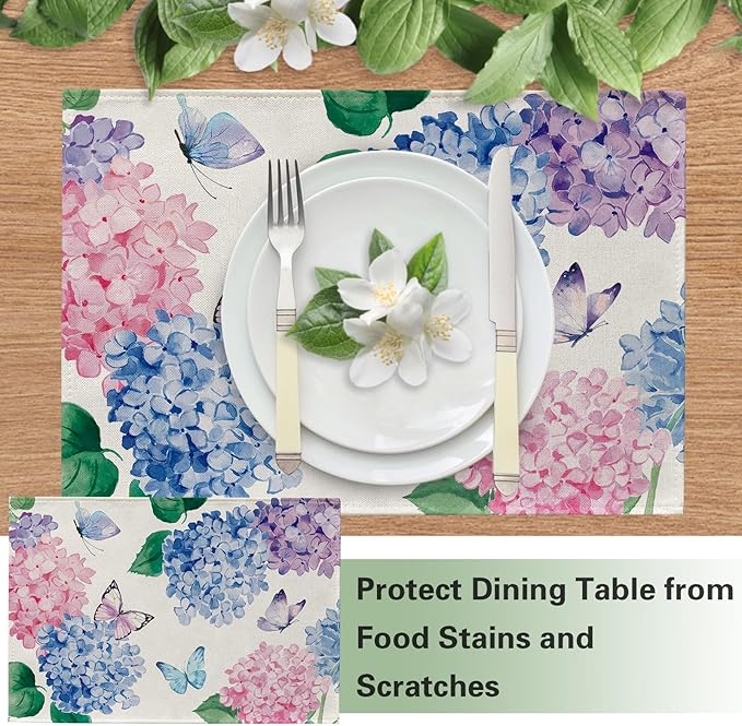 Spring Summer Hydrangea Placemats Set of 4, Pink Blue Purple Flower Butterfly Dining Place Mats Table Decor, Seasonal Floral Home Kitchen Decoration 12 x 18 Inch