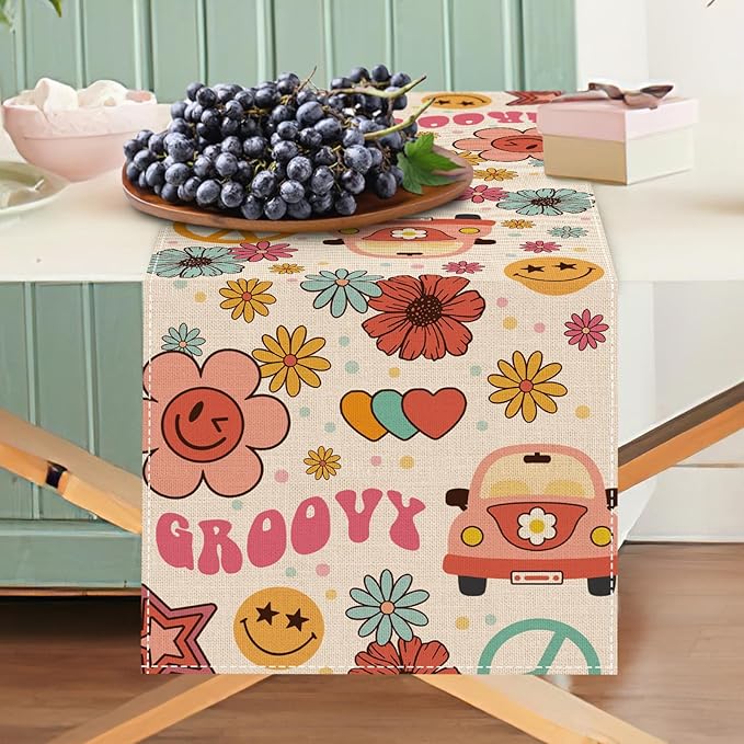 Groovy Hippie Daisy Flower Dining Table Runner, Vintage Bus Floral Peace and Love Burlap Kitchen Decoration, Retro Smiling Face Indoor Outdoor Home Decor Party Supply 13 x 36 Inches