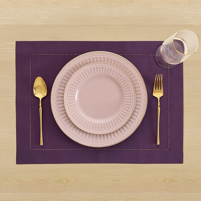 Solino Home Purple Placemats Set of 4 - Cotton Linen Hemstitch Placemats 14 x 19 Inch for Mothers Day