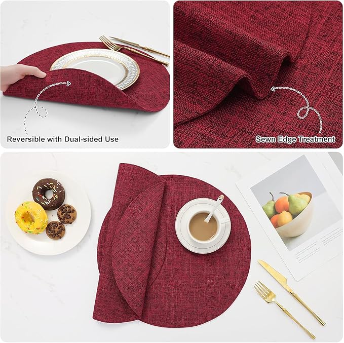 homing 15 Inch Round Cloth Placemats Set of 4, Cotton Linen Blend Washable Table Mats, Farmhouse Dining Place Mats for Indoors & Outdoors, Easy to Clean, Red