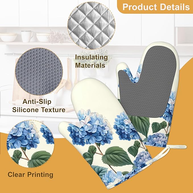 Blue Hydrangea Flower Spring Oven Mitts and Pot Holders Set of 4,Heat Resistant Non Slip Kitchen Gloves Hot Pads,Chef Cooking Baking Gifts for Women Bakers,Kitchen Cooking Lover Cooks