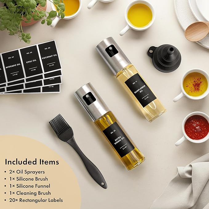 EDELHAUS Oil Sprayer Set of 2 Oil Spray Bottle Made of Stainless Steel & Glass, for Healthy Cooking, Sprayer for Precise Dosage, for Cooking Oil & Vinegar Including (Silver Lids, 2 Pack)