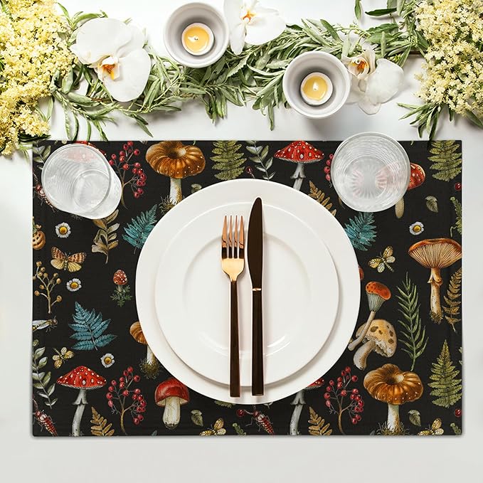Watercolor Mushroom Placemats Fern Leaves Cotton Linen Place Mat Washable Table Mat for Party Dining
