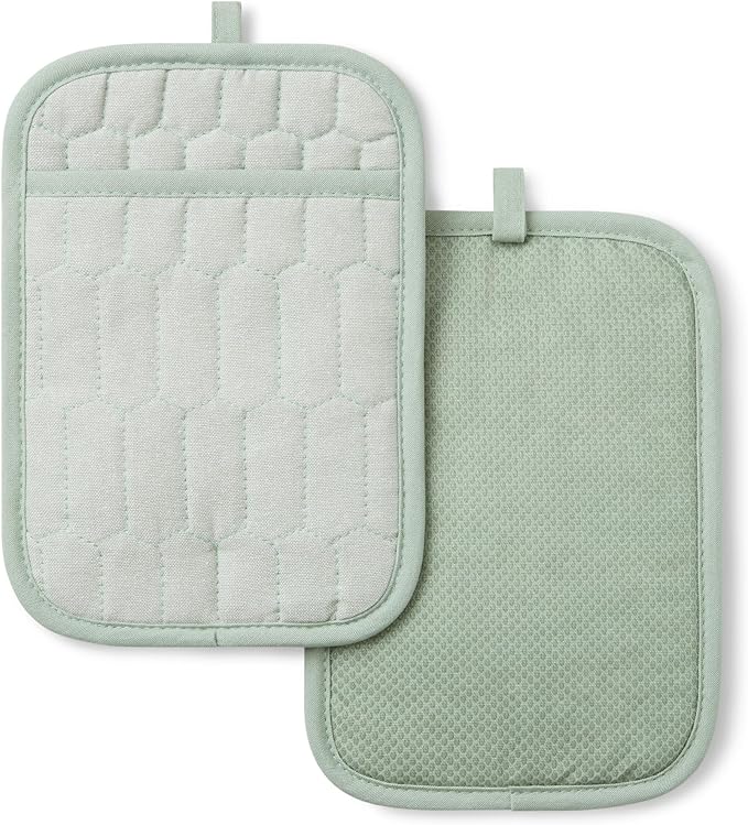 MARTHA STEWART Honeycomb Quilted Chambray Pot Holder 2-Pack Set, 100% Cotton, Flexible Non-Slip Silicone Grip, Heat Resistant, Mint Green, 7"X10"