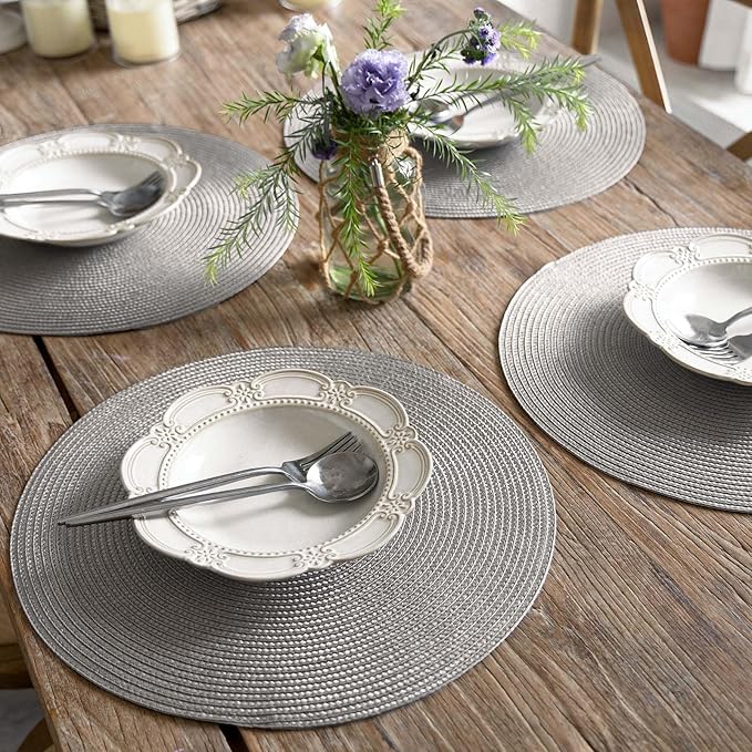 FunWheat Round Braided Placemats Set of 6 Table Mats for Dining Tables Woven Washable Non-Slip Place mats 15 inch(Grey, 6pcs)