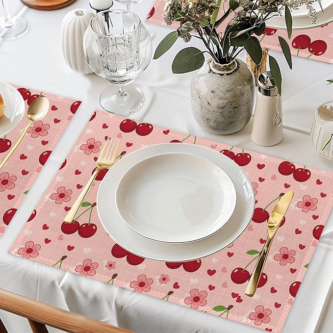 Cherry Placemats Set of 6,Pink Flowers Washable Kitchen Dining Linen Table Mats for Home Party Dinner Indoor Outdoor 12x18Inch