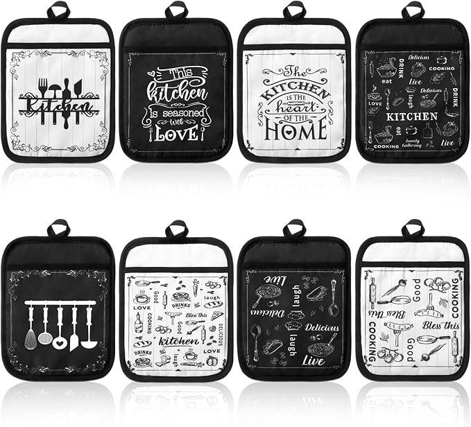 8 Pcs Pot Holders with Pocket Farmhouse Black and White Kitchen Decoration Kitchen Quotes Heat Resistant Potholders Hot Pad Oven Mitts Cookie Bag Oven Gloves for Home Decorations Baking Cooking Gifts