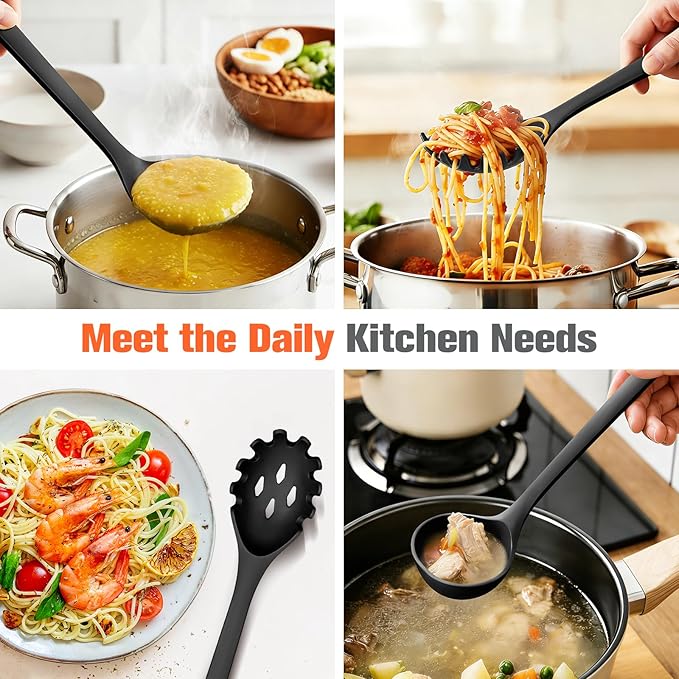 Silicone Spaghetti Spoon&Soup Ladle Cooking Utensils Set of 2,No Scratch for Nonstick Cookware,BPA Free, 450℉ Heat Resistant (BLACK)