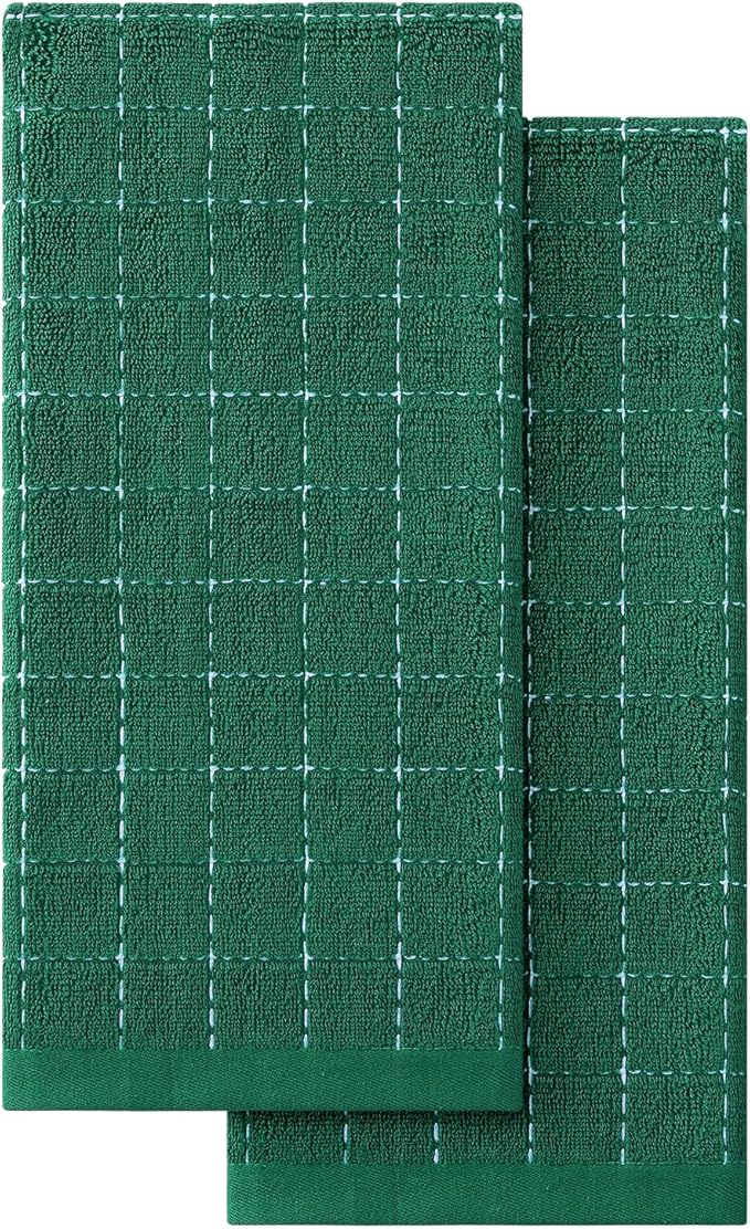 Homaxy 100% Cotton Terry Kitchen Towels(Dark Green, 13 x 28 inches), Checkered Designed, Soft and Super Absorbent Dish Towels, 2 Pack