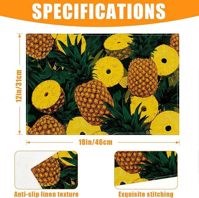 Pineapple Hawaiian Tropical Placemats Set of 6,12 x 18 Inch Table Mats Washable Heat Resistant Linen Fabric Rectangle Place Mat for Party Home Kitchen Dining