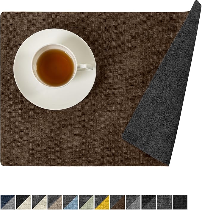 Romanstile Vinyl Placemats Set of 4-12x17 Inch, Reversible Waterproof Washable Non Slip Table Mats, Faux Leather Heat Resistant Wipeable Table Placemats for Dining/Party/Indoor/Outdoor, Grey-Brown