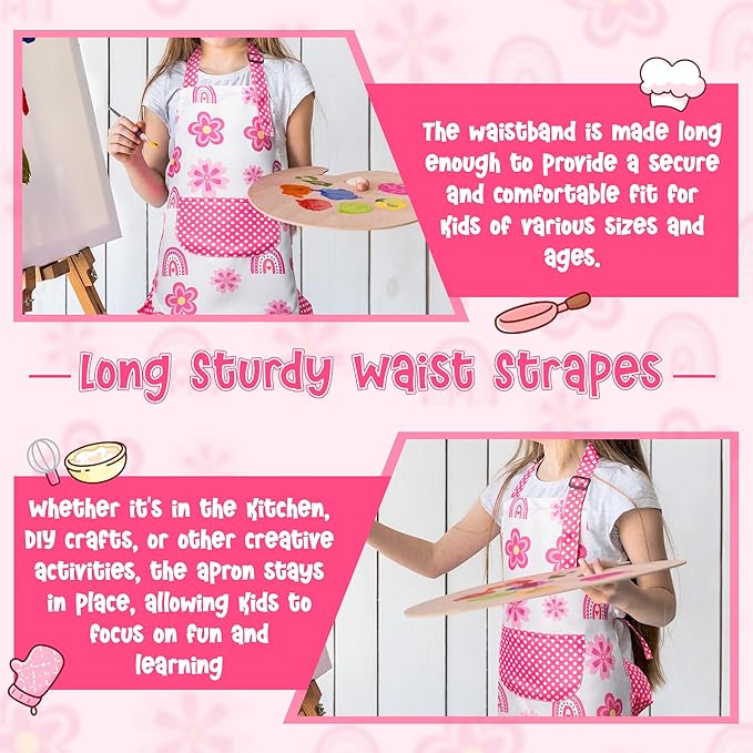 R HORSE Kid Apron and Chef Hat Set - 2Pcs Adjustable Children Pink Rainbow Kitchen Toddler Apron for Girls, Role Play Chef Toy Cooking Baking Painting and Training Kits Kid Funny Cooking Birthday Gift