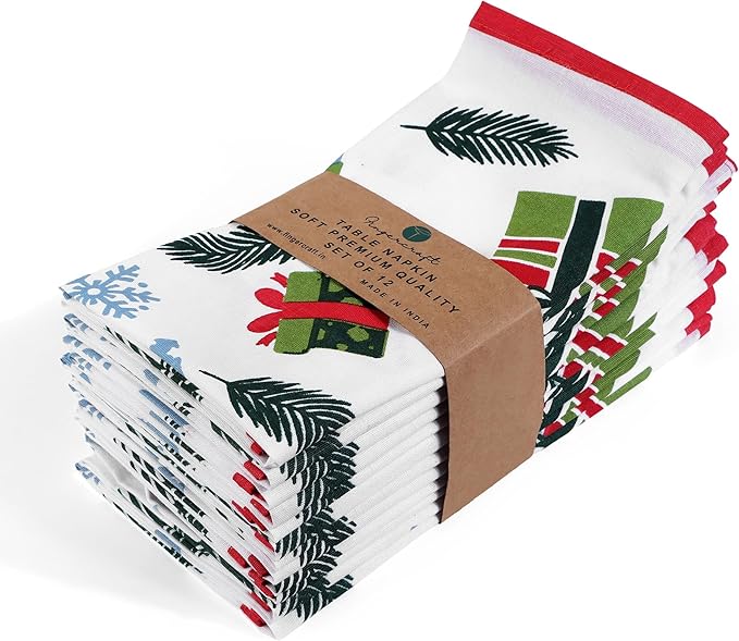 FINGERCRAFT Cloth Napkins, Set of 12 Cotton Linen Blend Printed Dinner Napkins Cloth Mitered Corner Perfect for Parties Dinners Christmas 20x20 Wonderland
