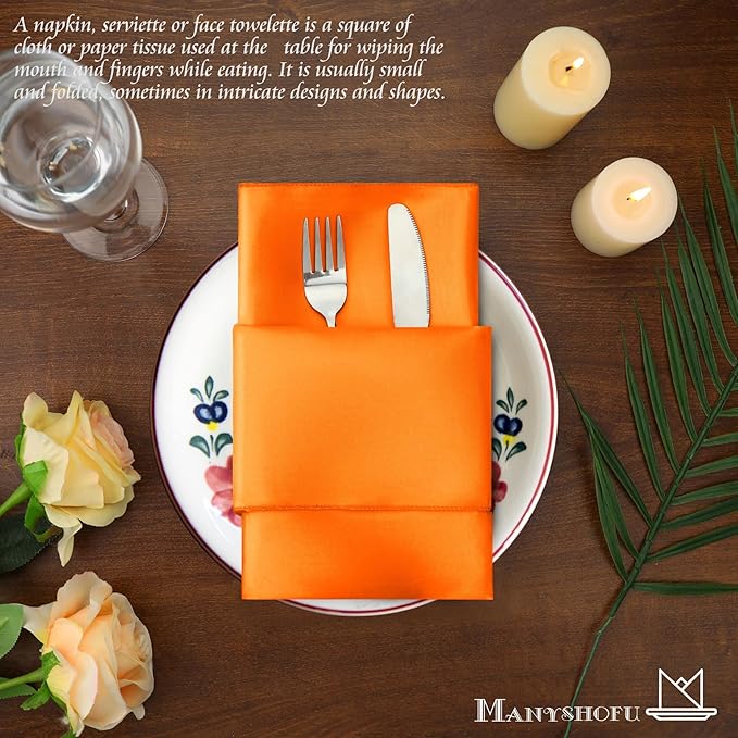 Manyshofu 50 Pieces Burnt Orange Satin Napkins - 12x12 Inches Cloth Napkins, Square Satin Fabric Napkin Set - Soft & Smooth Table Napkins for Wedding Dinner Party Lunch Banquet Restaurant Decoration