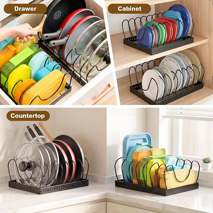 2PACK Large Pot Lid Organizers Inside Cabinet, Pots and Pans Organizer Under Cabinet with 16 Adjustable Dividers for Kitchen, Countertop Pan Lid Holder, Rust-Resistant Lid Storage, Easy to Clean