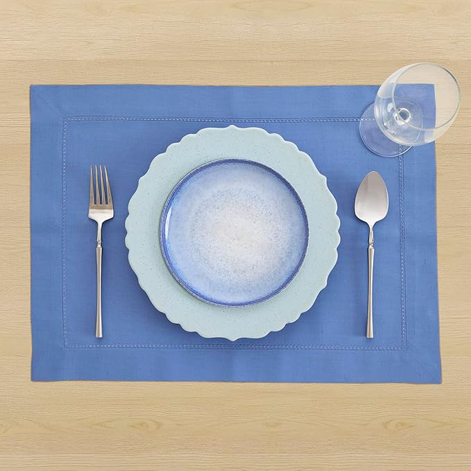 Solino Home Dusty Blue Placemats Set of 4 - Cotton Linen Hemstitch Placemats 14 x 19 Inch - Machine Washable Table Mats for Spring, Summer, Mothers Day