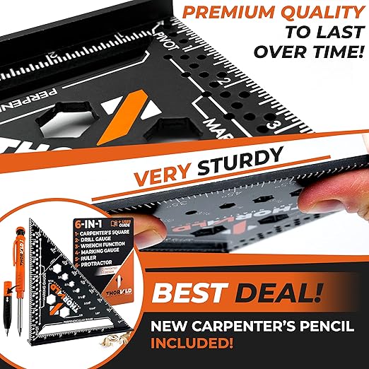 THORVALD 6-in-1 Carpenter Square 7 inch (1/16" Precision) T Square Multi-Purpose Carpenter Tools : Wrench, Square, Protractor, Ruler, Marking Gauge, Drill Gauge, Includes 2-in-1 Carpentry Pencil