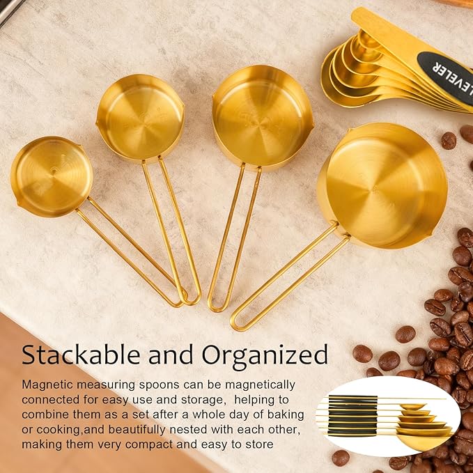 11 pcs Gold Measuring Cups and Spoons Set,Includes 4pcs Measuring Cups And 6pcs Magnetic Measuring Spoons & 1 Leveler,Stainless Steel is Ideal for Measuring Liquids And Dry Ingredients