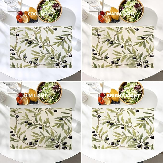 Batmerry Olive Branches Placemats, Leafy Olive Pattern Washable Linen Table Mats for Kitchen Table Double Insulation Decor Dining Set Indoor Outdoor 12X18 in Set of 8