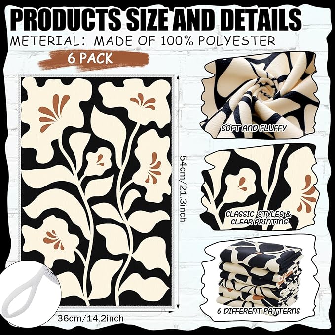 Breling Boho Kitchen Towels Set of 6 Boho Floral Dish Towels Cute Tea Towel Decorative Hand Towel Vintage Rustic Cloths for Kitchen Drying Housewarming Gifts Home, 14 x 21 inch (Black)