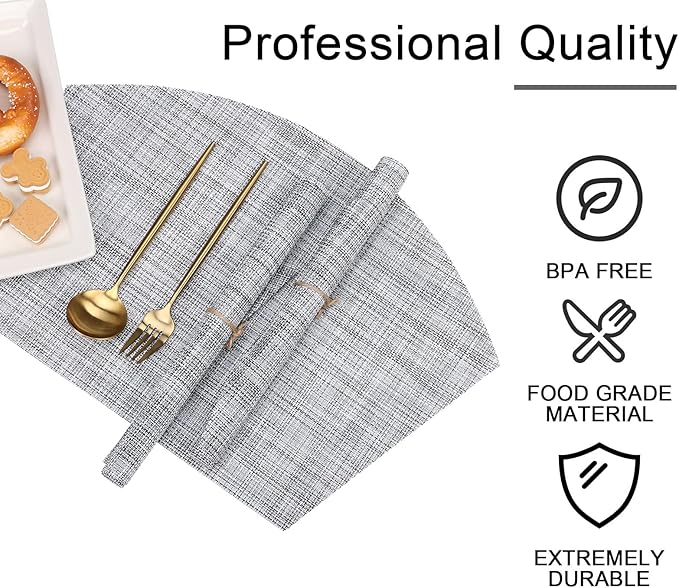 SHACOS Wedge Placemats Set of 4 Round Table Placemats Woven Vinyl Place Mats Non Slip Round Table Mats Wipe Clean, Gray White