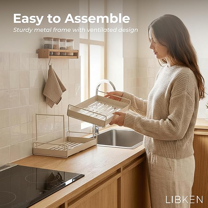 LIBKEN 2-Tier Fruit Basket for Kitchen Counter – Gray Powder Coated Metal Fruit Stand – Minimal Scandinavian Design Countertop Organizer for Fruits, Vegetables, Bread, Snacks – Sturdy & Easy Assembly