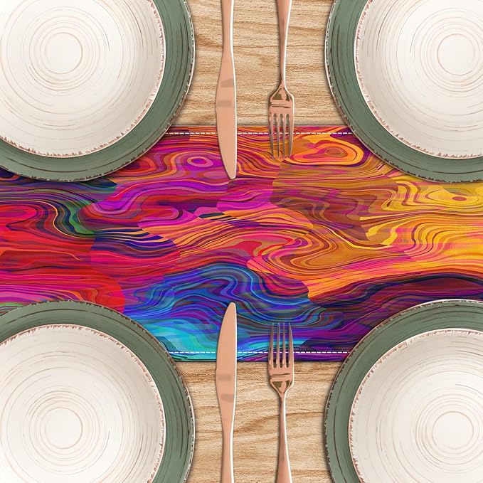 Abstract Table Runner 13x71 Inch Colorful Chaotic Waves Table Runners Table Decorations Rustic Coffee Table Runner for Home Kitchen Dining Room Party (Red & Purple71)