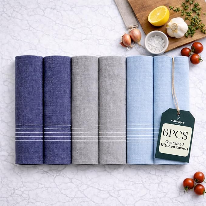CLOUDSCAPE Kitchen Towels - 6 Pack: Quick-Drying Dish Towel for Kitchen Essentials, 18”x28” Cotton Blended Ribbed Hand Towel with Hanging Loop - Highly Absorbent, Dish Cloths for Washing Dishes -AIG