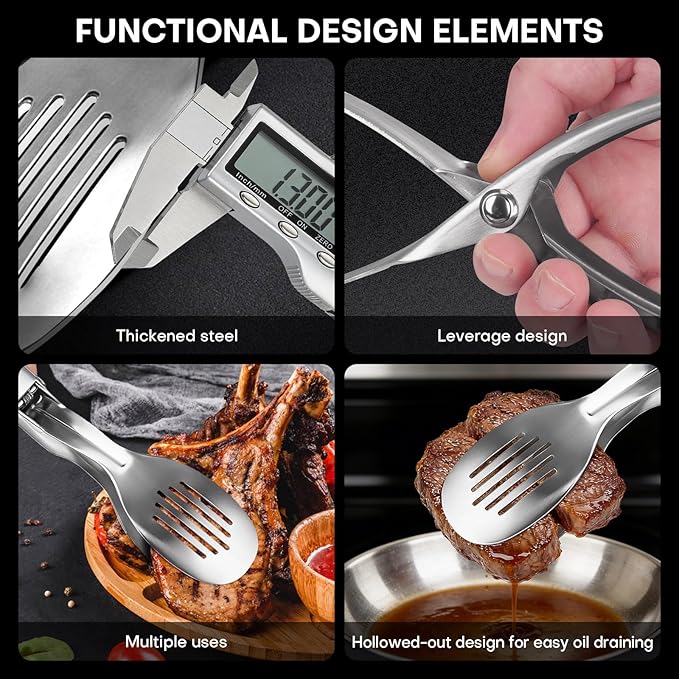 Nezylaf 10.8 Inch 304 Stainless Steel Cooking Tongs, Metal Kitchen Tongs with Oil Drain Holes & Spring Rebound, Anti-Slip Handle for Grilling BBQ Salad Serving